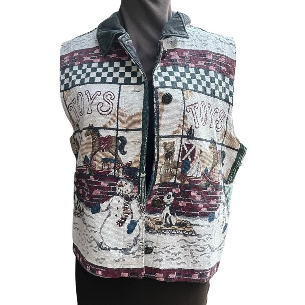 Vtg Tapestry Christmas Toys USA Snowman Santa Cotton Patchwork Grandma Vest L